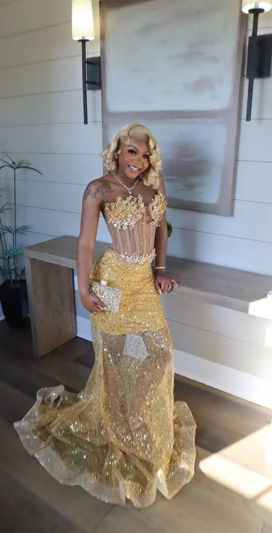 Gold Mermaid Prom Dress Evening Formal Party Birthday Engagement Gowns   fg7444