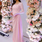 Classy Pink Square Neckline Evening Dress with Long Sleeves   fg7554