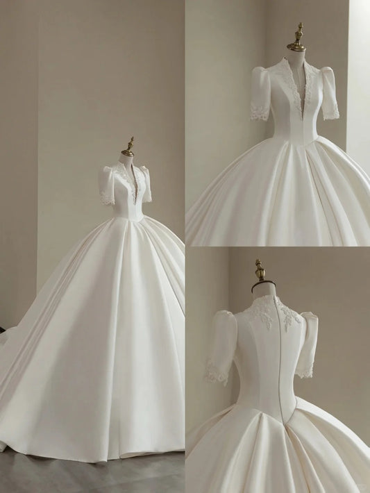 A Line White Deep V Neck Short Sleeves Satin Long Princess Wedding Dress    fg8172