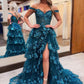 Sparkly Off the Shoulder Peacock Blue Ruffle Long Prom Dress with Appliques       fg5386