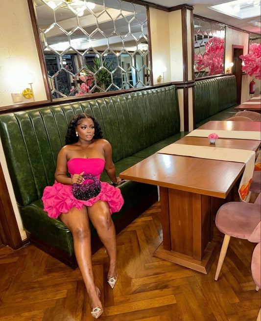 strapless cocktail dresses for girls short prom dresses,ruffle bottom african mini dress,birthday party dress,hot pink little dress  fg8190