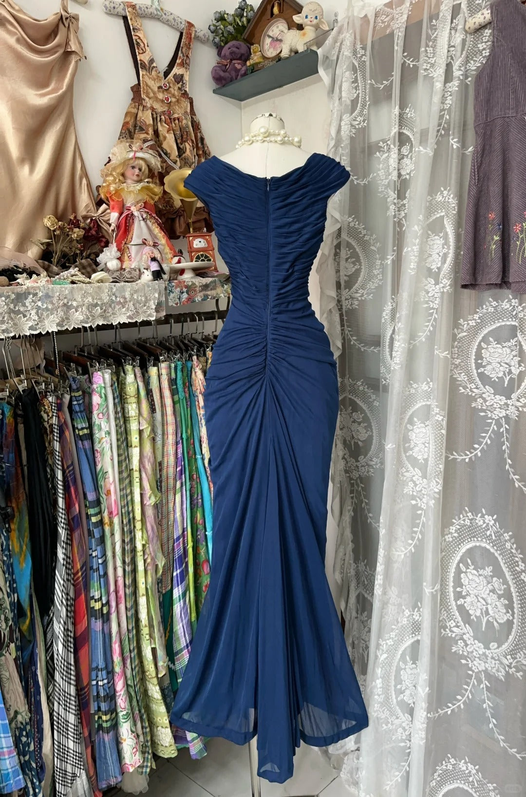 Navy Blue Mermaid Pleats Vintage Prom Dress Long Evening Dress   fg8038