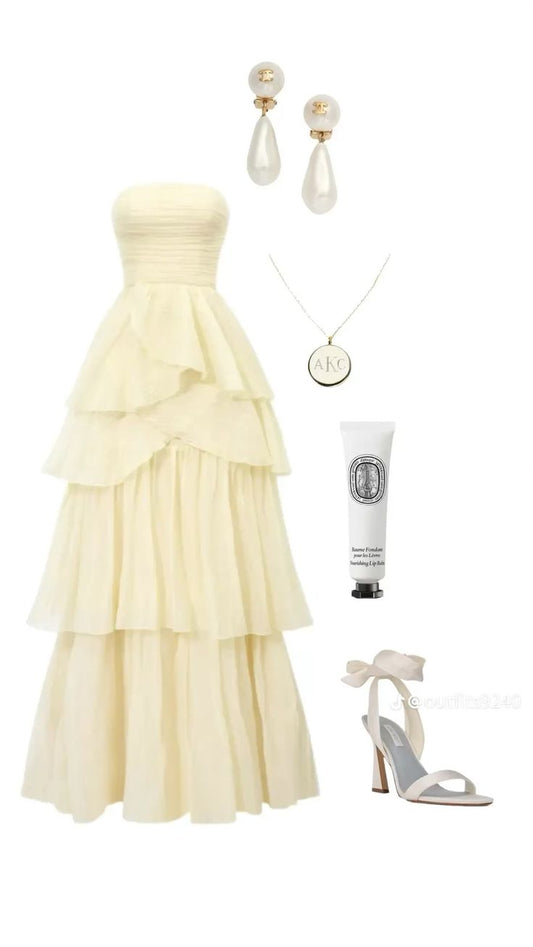 A Line Strapless Pale Yellow Long Party Dress Evening Dress Prom Dresses    fg7834