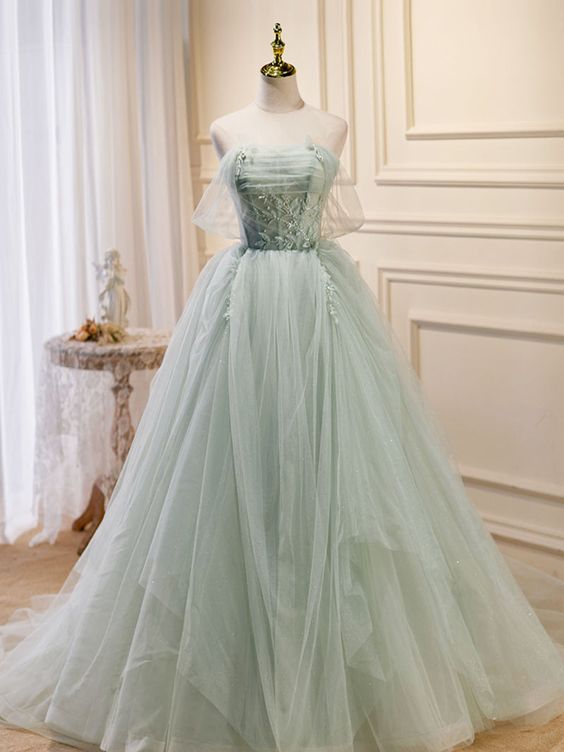 A-Line Off Shoulder Tulle Green Long Prom Dresses, Green Formal Dress with Beading       fg5475