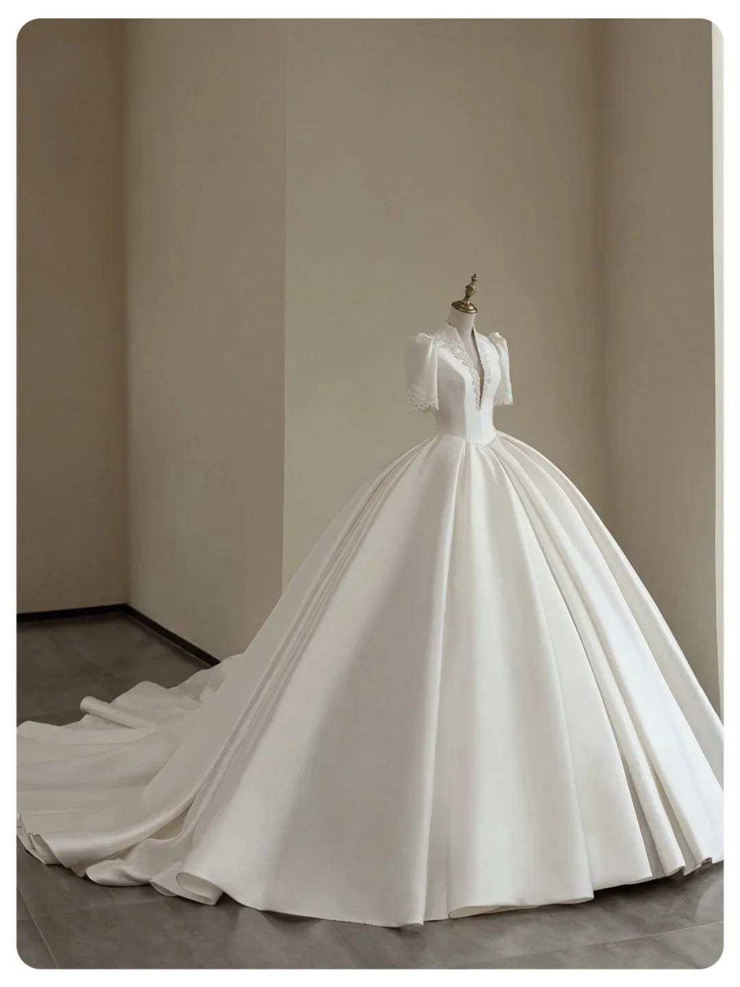 A Line White Deep V Neck Short Sleeves Satin Long Princess Wedding Dress    fg8172
