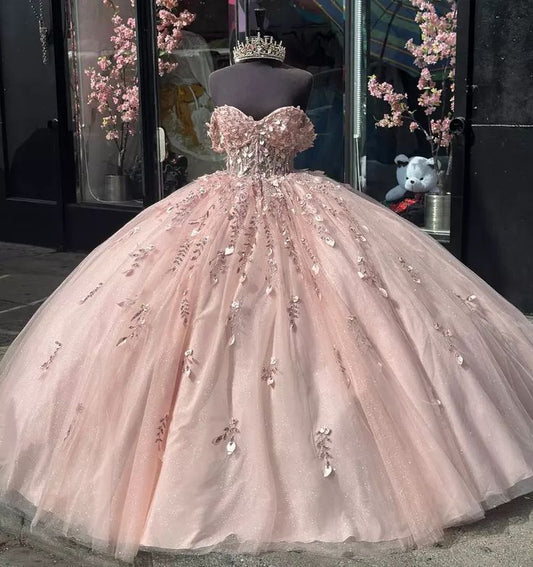 Cute Princess Dresses Prom Ball Gown Appliqued Off Shoulder Vestido De Quinceanera Glitter Tulle 15 Dress        fg6469