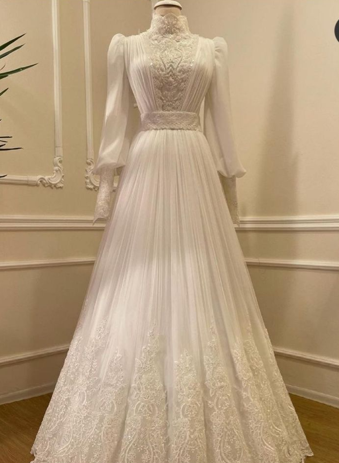 Vintage High Neck Long Sleeves Wedding Dress Modest Bridal Dress   fg7479