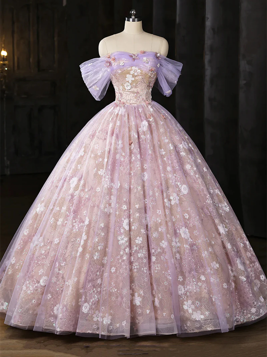 Light Purple Floral Tulle Prom Dress with Lace, A-line Off Shoulder Evening Dress Formal Dress  fg8733