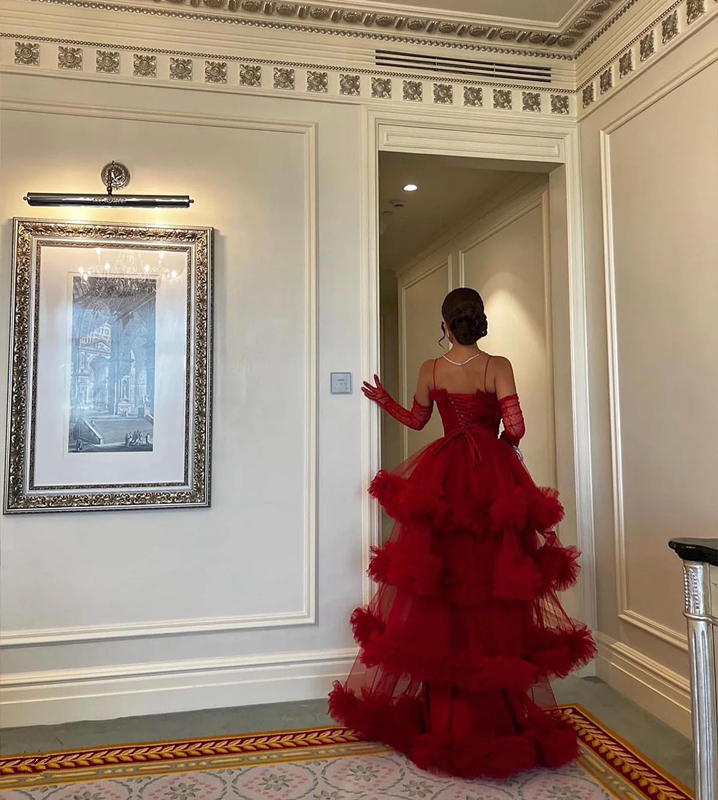 Red Ruffled Tiered Tulle Ball Gown Sweetheart Spaghetti Straps Ruffled A-Line Evening Gown     fg7074