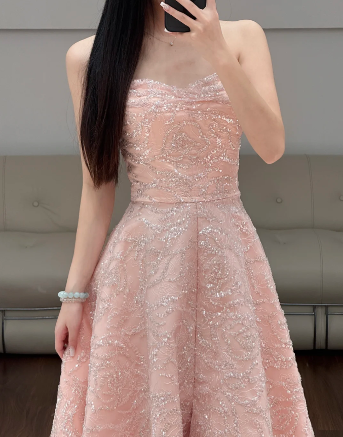 Sequin Lace Pink Prom Party Dress Evening Dress Birthday Dress  fg8611