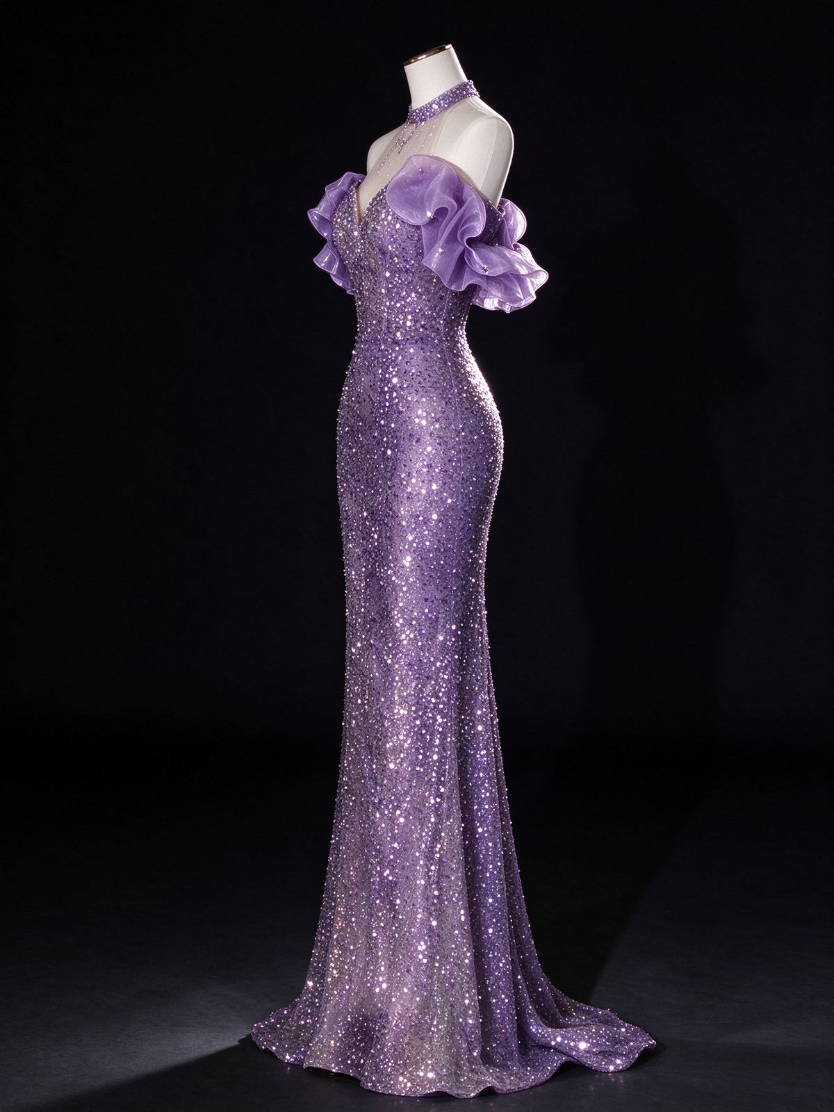 Purple Halter Ruffle Sleeve Sparkle Mermaid Evening Gown fg9173