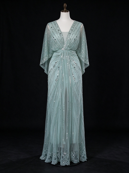 Mint V Neck Beaded Flutter Sleeve Slit Evening Gown fg9088