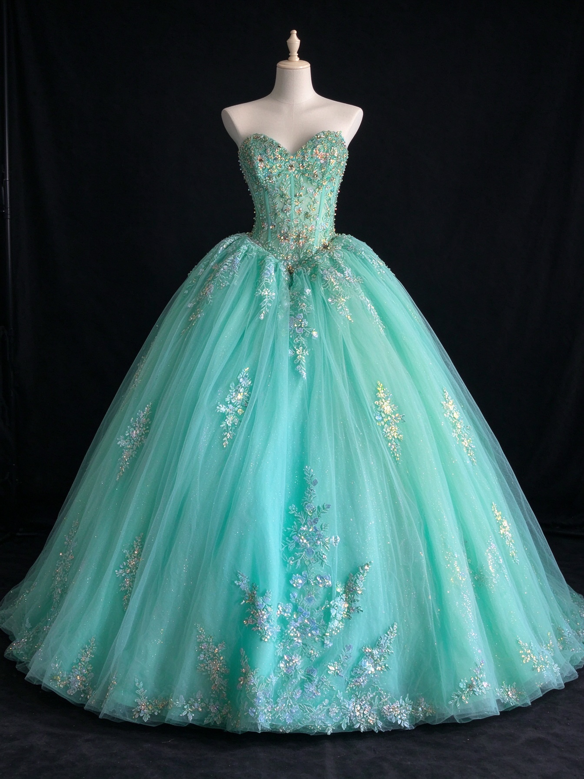 Turquoise Sweetheart Sequin Lace Tulle Ball Gown fg9086