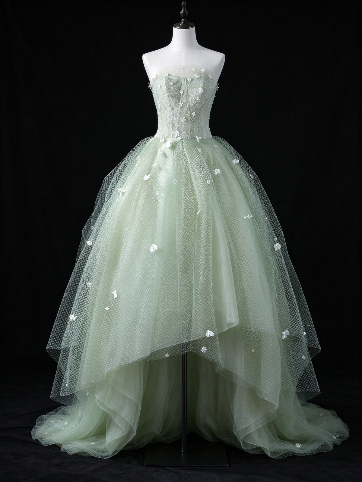 Green Strapless 3D Floral Tulle A Line Evening Gown fg9082