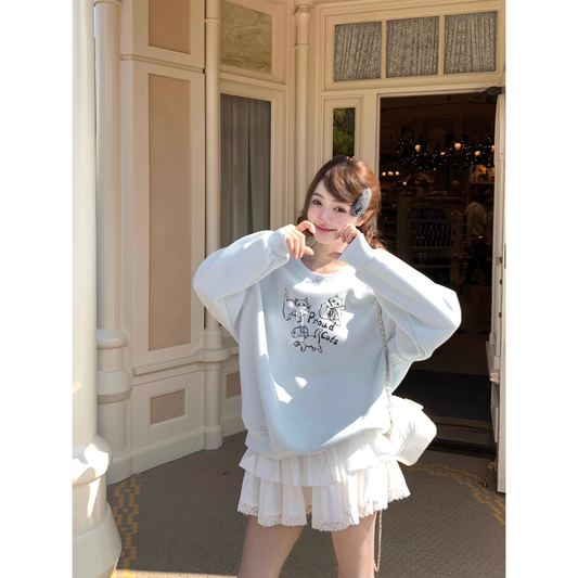 Sweet blue fleece-lined sweatshirt pullover long-sleeved top A49