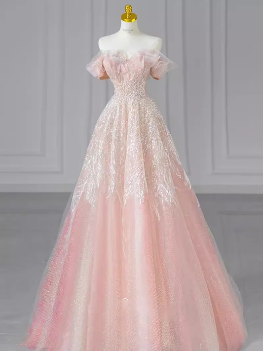 A line Off The Shoulder Pink Sequin Beads Long Evening Dress Prom Dresses   fg8584