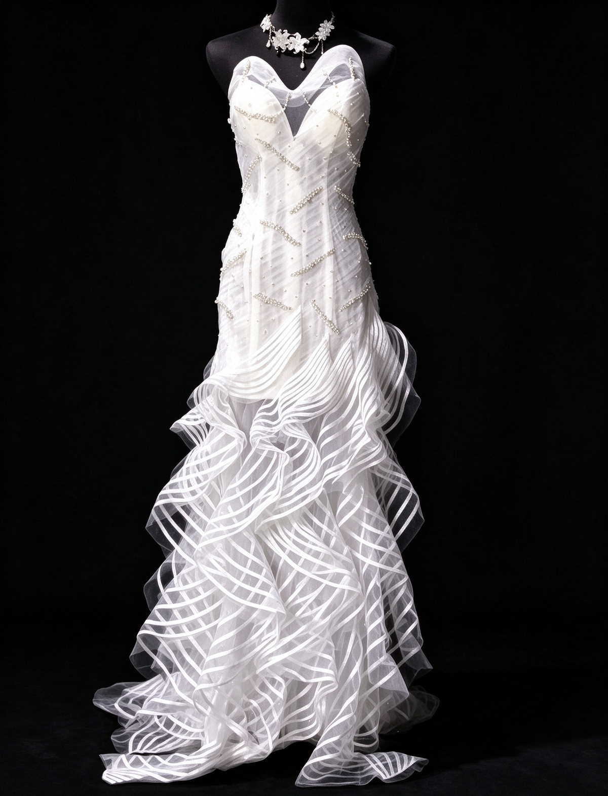 Halter White Mermaid Tulle Wedding Dress with Beaded Details & Ruffled Skirt fg8940