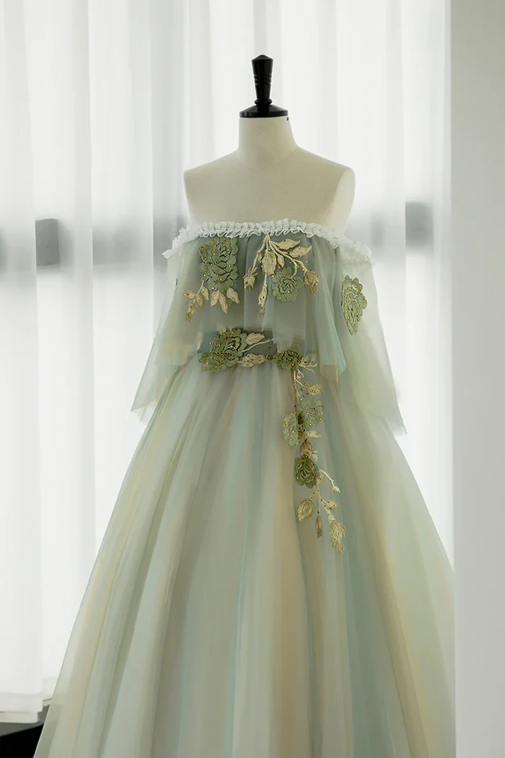 Light Green Strapless A-line Tulle Prom Dress,Unique Evening Dresses  fg8574