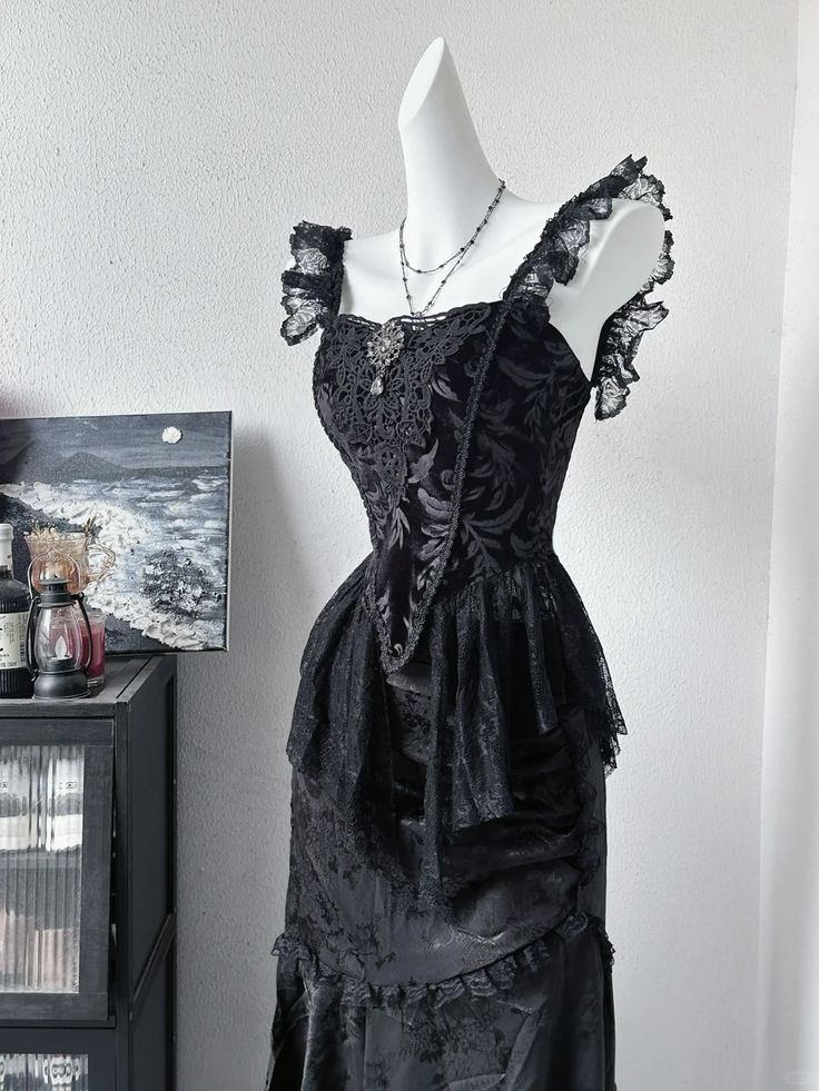 Vintage Black Satin Lace Long Party Dress Evening Dress fg8337