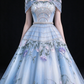 Light Blue Off-the-Shoulder Ball Gown, Sheer Corset Bodice With Beading, 3D Floral Embroidery Tulle Skirt,  fg9001