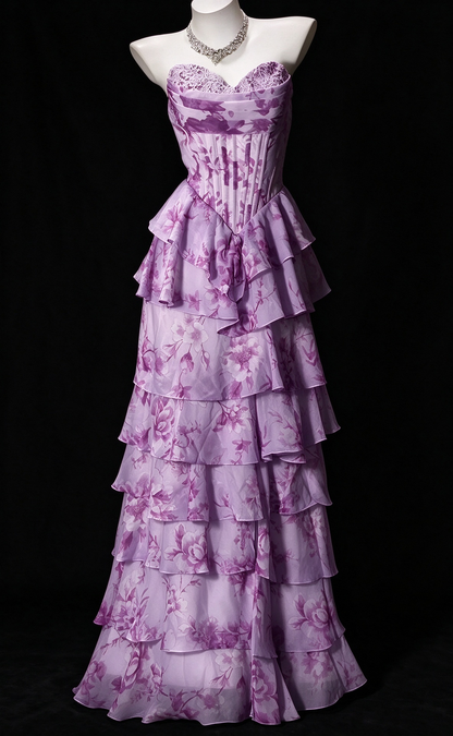 Strapless Lavender Floral Print Chiffon Tiered Evening Dress with Corset Bodice fg8941