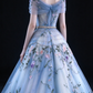 Light Blue Off-the-Shoulder Ball Gown, Sheer Corset Bodice With Beading, 3D Floral Embroidery Tulle Skirt,  fg9001