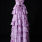 Strapless Lavender Floral Print Chiffon Tiered Evening Dress with Corset Bodice fg8941
