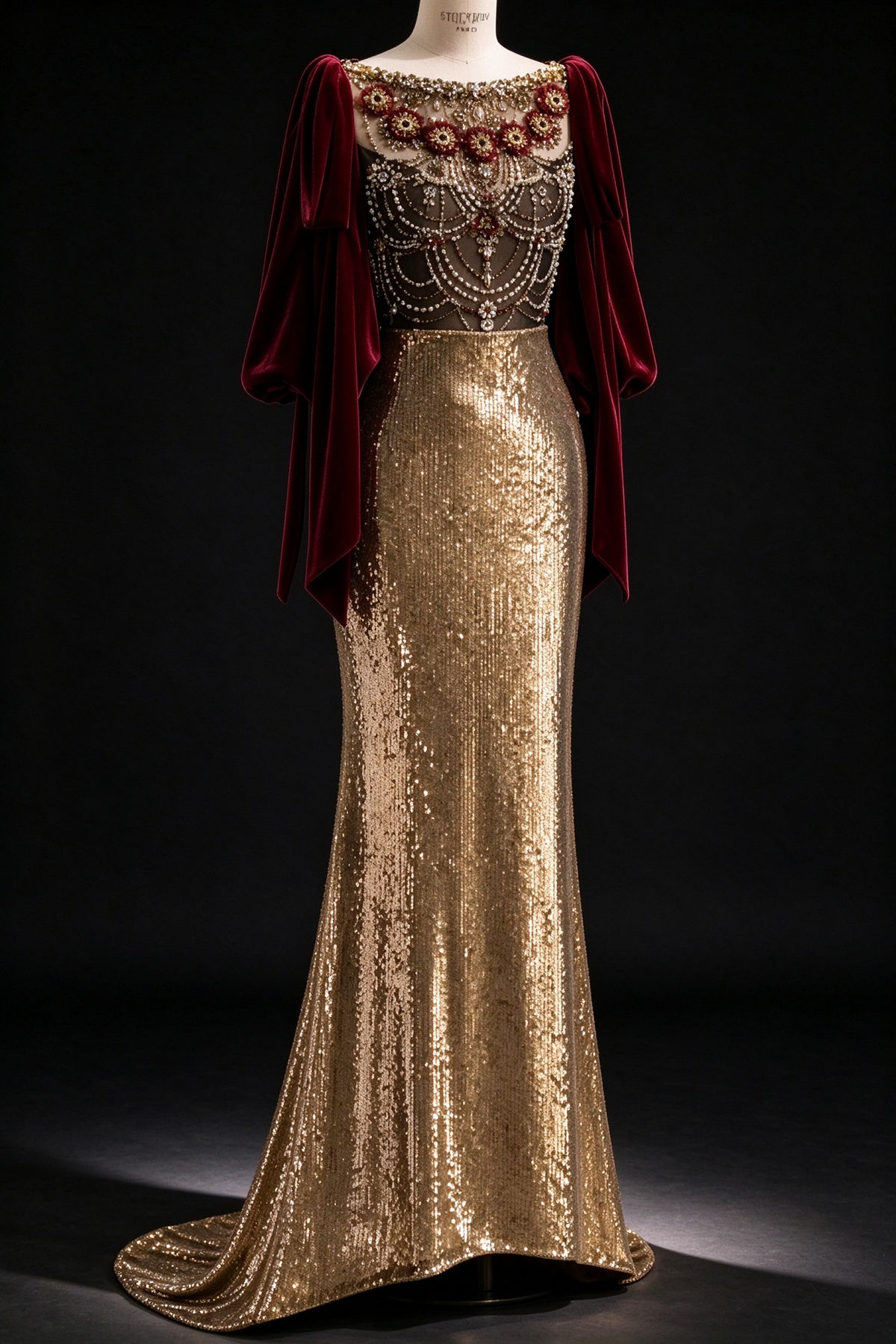 Gold Sequin Mermaid Evening Gown With Burgundy Velvet Cape Sleeves & Beaded Illusion Neckline  fg8983