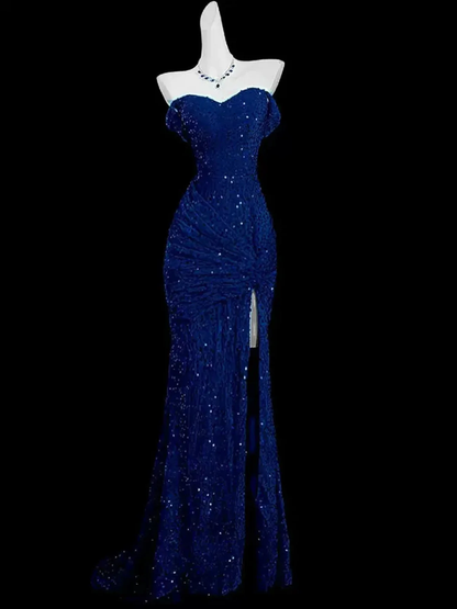 Blue Mermaid Sequins Sweetheart Prom Dress, Blue Off Shoulder Party Dress  fg8727