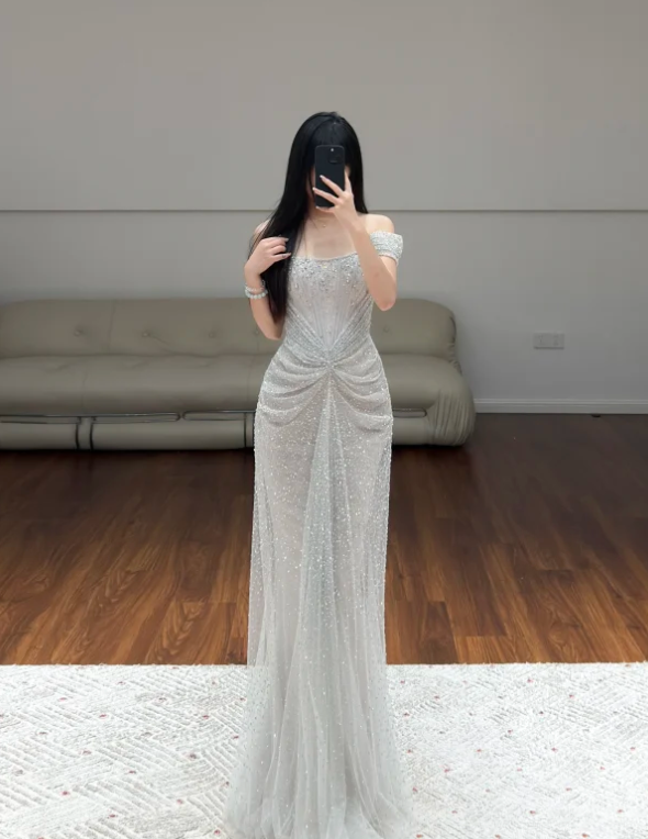 Off The Shoulder Silver Sequin Lace Prom Party Dress Evening Dress Birthday Dress  fg8630