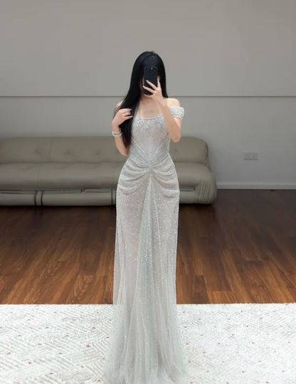 Off The Shoulder Silver Sequin Lace Prom Party Dress Evening Dress Birthday Dress  fg8630