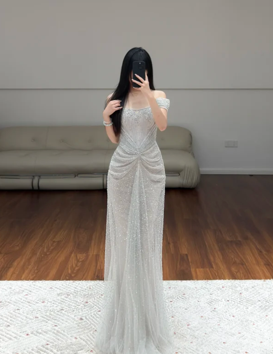 Off The Shoulder Silver Sequin Lace Prom Party Dress Evening Dress Birthday Dress  fg8630