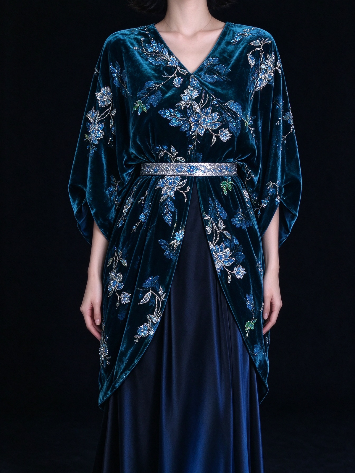 Peacock Blue Velvet Two-Piece Evening Gown, V-Neck Batwing Sleeve Top With Beaded Floral Embroidery,  fg9002