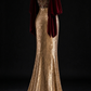 Gold Sequin Mermaid Evening Gown With Burgundy Velvet Cape Sleeves & Beaded Illusion Neckline  fg8983