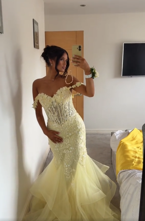 Gelbes Meerjungfrau-Spitzen-Abend-Ballkleid, langes Party-Abendkleid fg7181