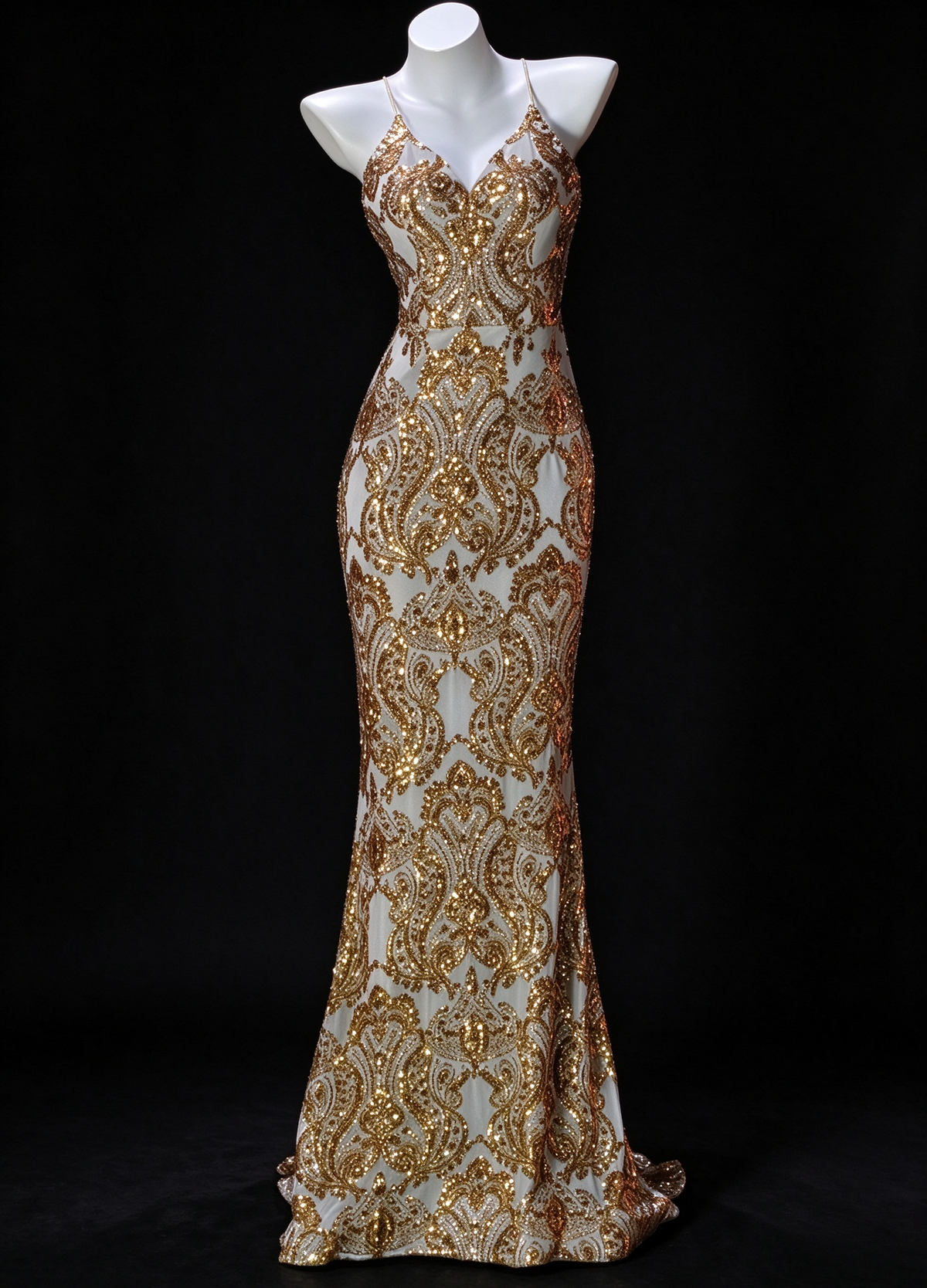 Spaghetti Strap Gold Sequin Mermaid Evening Gown with Crisscross Back fg8942