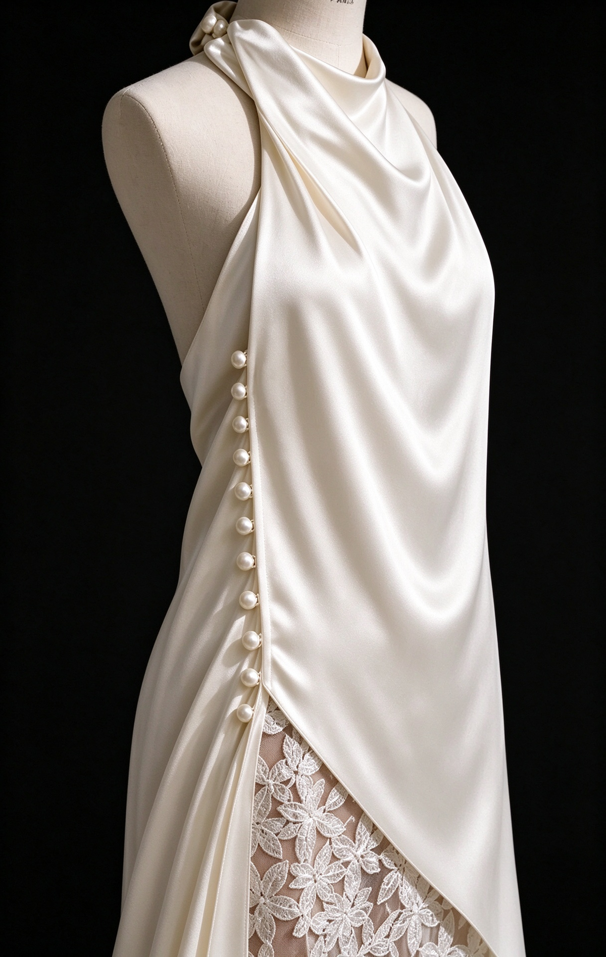 Ivory Satin Halter Wedding Dress With Lace Slit & Pearl Buttons fg8984