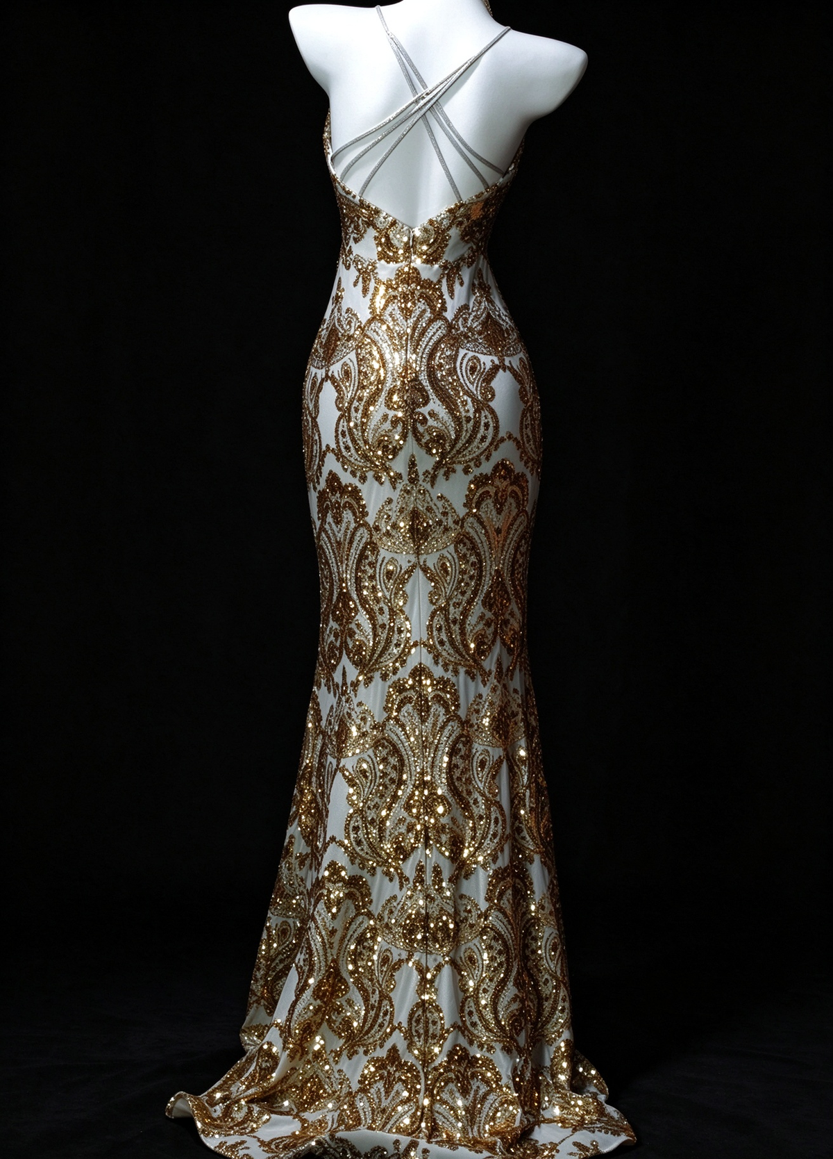 Spaghetti Strap Gold Sequin Mermaid Evening Gown with Crisscross Back fg8942