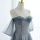 Glitter Blue Tulle A-Line Evening Dress, Blue Off Shoulder Prom Dress with Puff Sleeves  fg8738