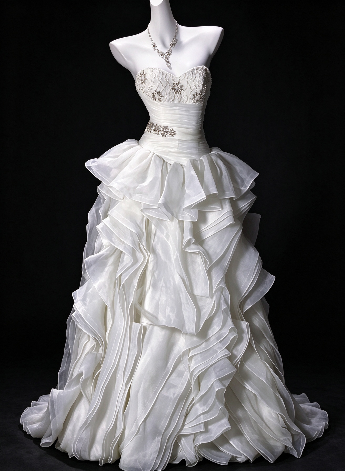 Strapless Sweetheart Ruffled Organza Ball Gown Wedding Dress with Beaded Bodice fg8943