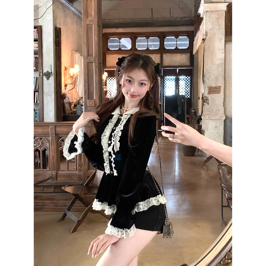 Velvet lace-trimmed fitted shirt and top set for autumn  A130