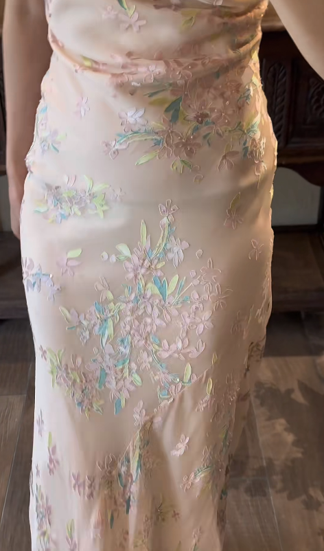 Sheath Pink Chiffon Prom Party Dress Vintage Flora Evening Dress  fg8697