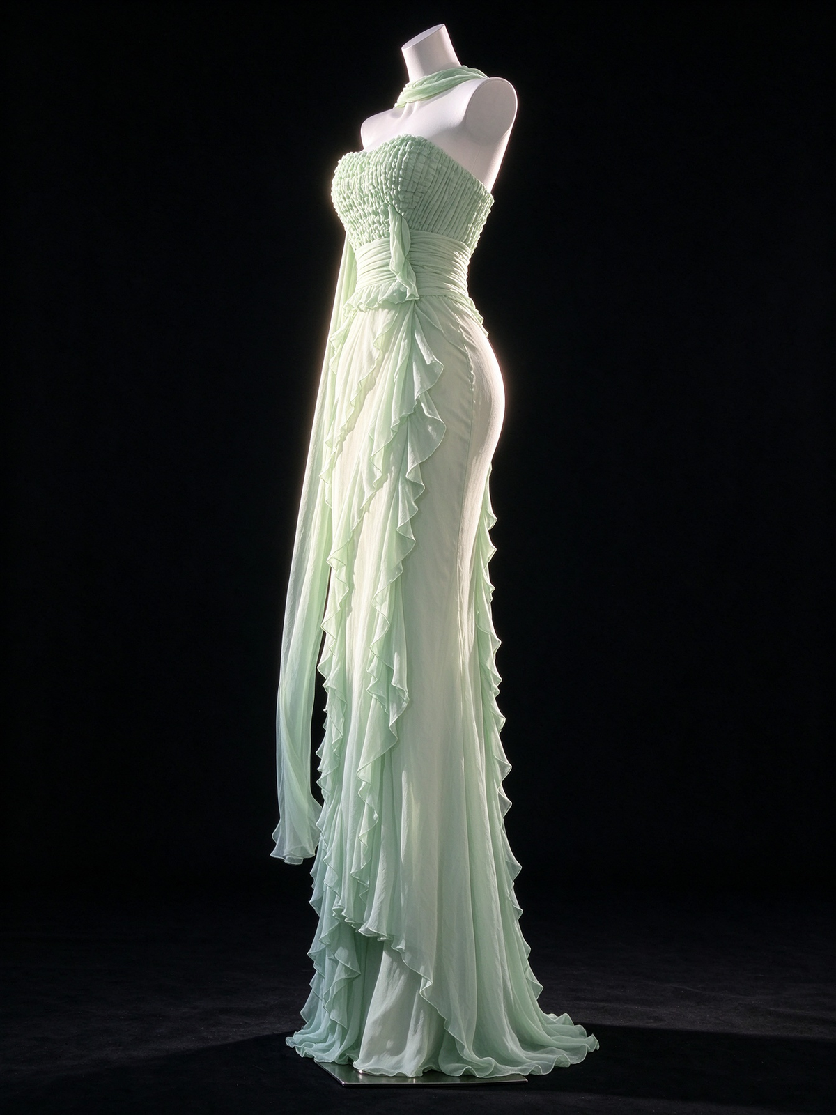 Sage Green Strapless Ruffled Chiffon Mermaid Evening Dress fg9135