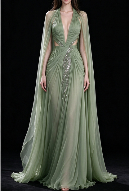 Sage Green Halter Deep V Cutout Beaded Cape Sleeve Evening Gown fg9072