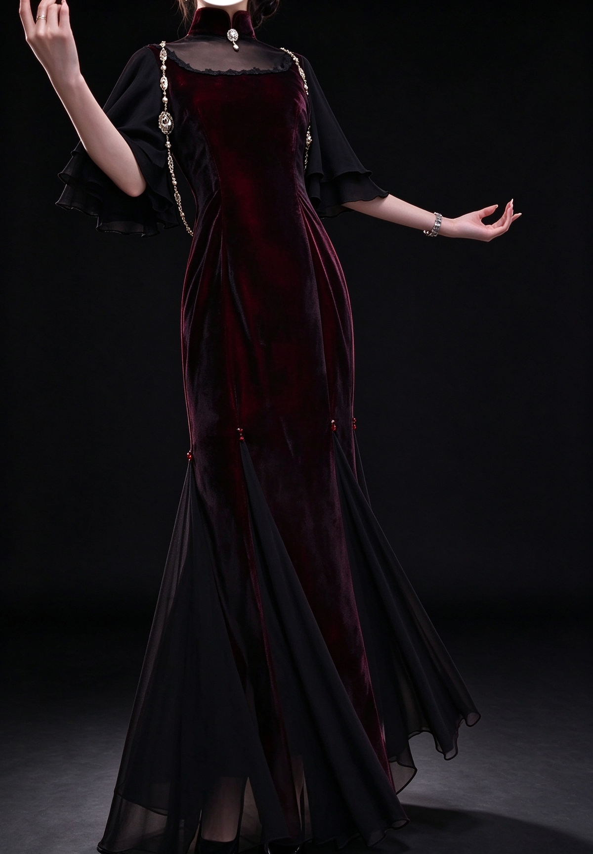 Burgundy High Neck Velvet Mermaid Evening Dress With Chiffon Cape Sleeve fg8977