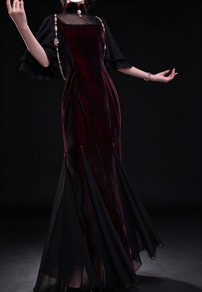 Burgundy High Neck Velvet Mermaid Evening Dress With Chiffon Cape Sleeve fg8977