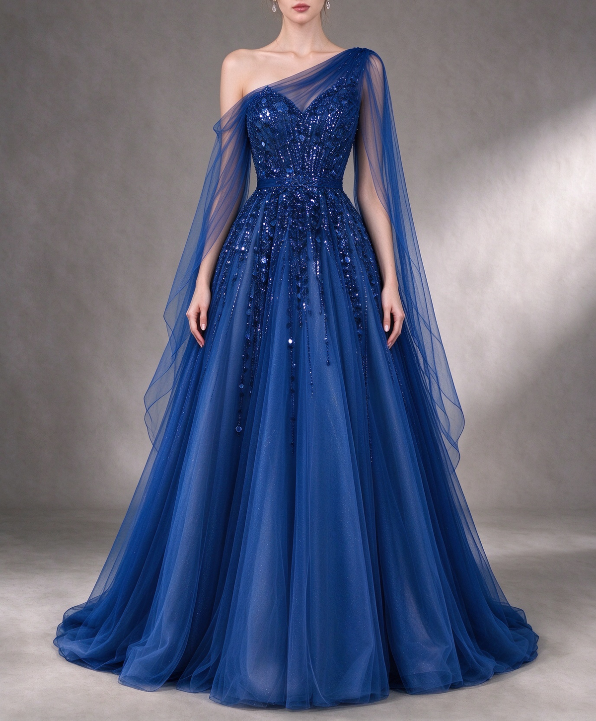 Royal Blue One Shoulder A-Line Tulle Evening Gown With Heavy Sequins Beading fg8992