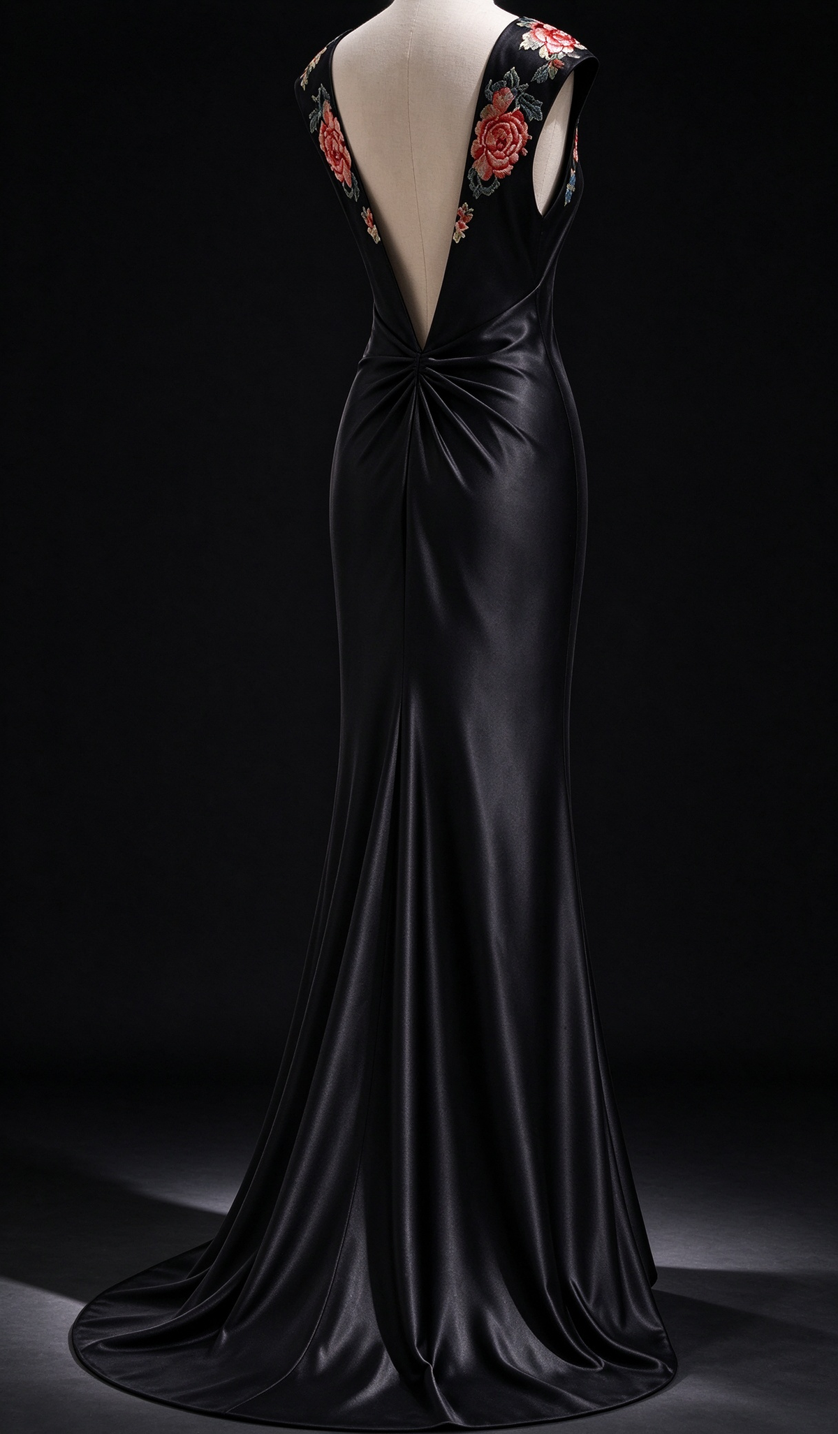 Black Satin Mermaid Evening Gown With Colorful Floral Embroidery & Deep V Back fg8985