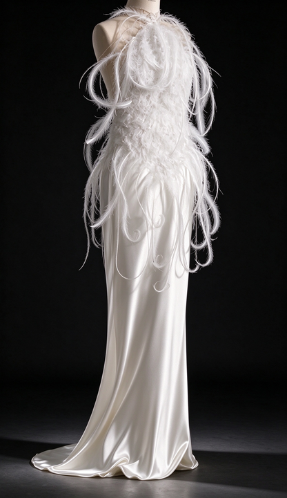 White Halter Satin Wedding Dress With Feather Embellishment & Deep V Back fg8986