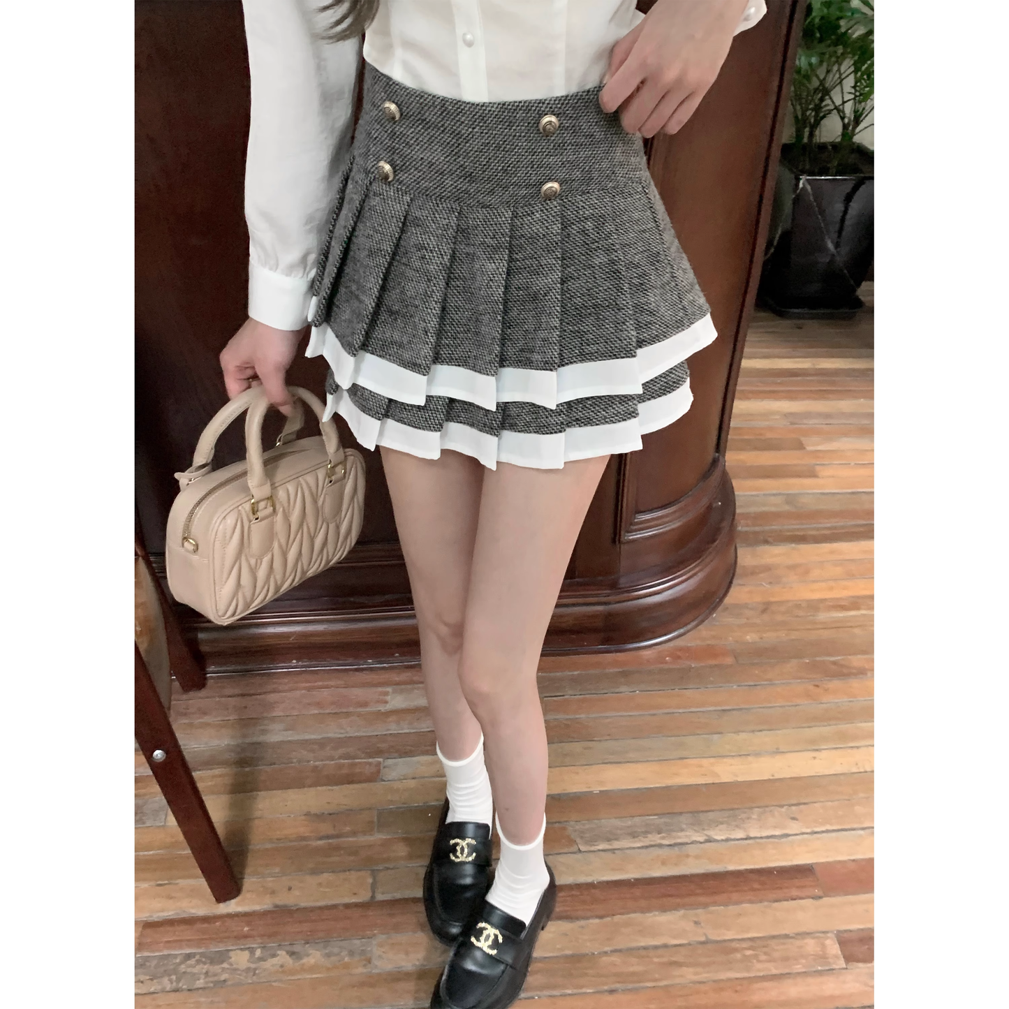 Grey pleated midi skirt for women  A128